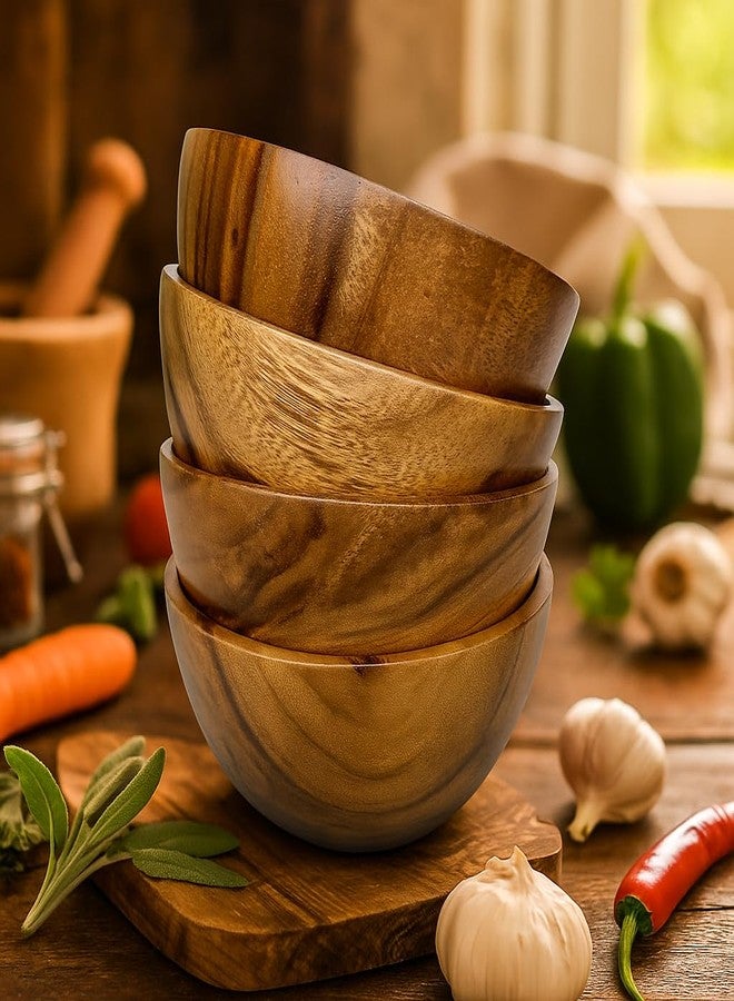 WRIGHTMART Wooden Salad Bowl Set - Small Wood Bowls for Food, Set of 4 Handcrafted 5” Acacia Wood Salad Bowls for Snacks, Fruit, Sides & Kitchen Gifting - Image 2
